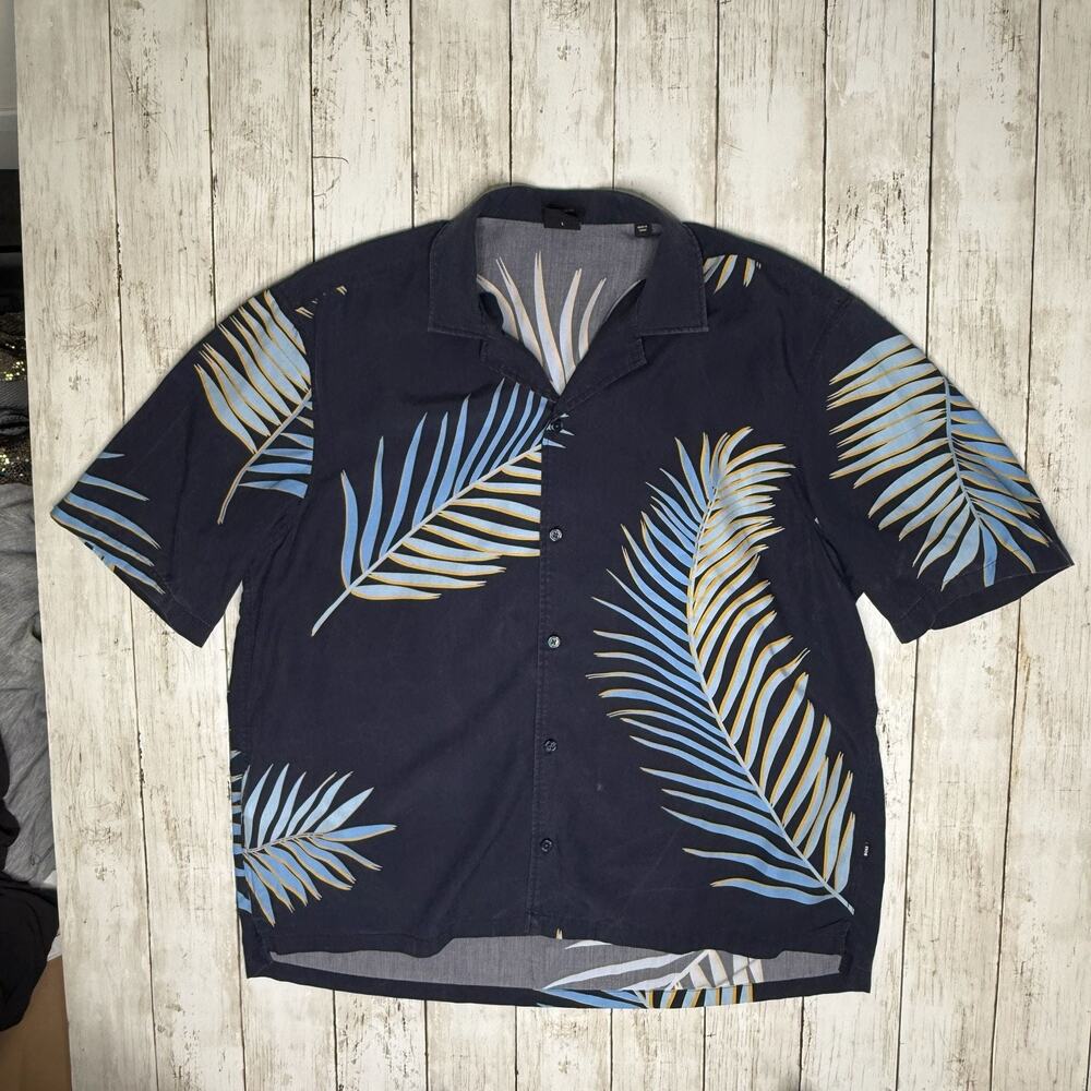 Hugo Boss Men's Short Sleeve Tropical Palm Frond Print Navy Size L
